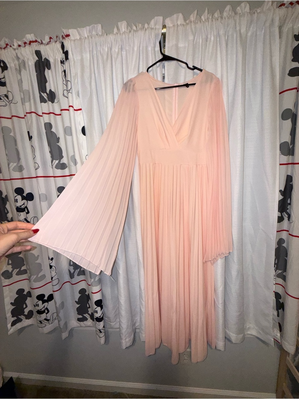SHEIN Pleated V-Neck Long Sleeve Midi Dress - Blush Pink